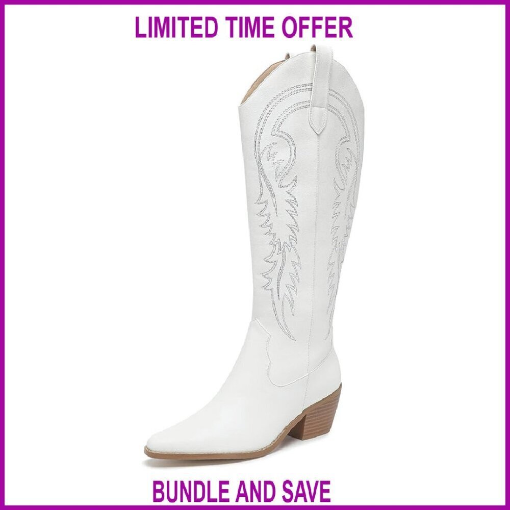 Women's Knee High Western Cowboy Boots Pointed Toe Pull On Zipper